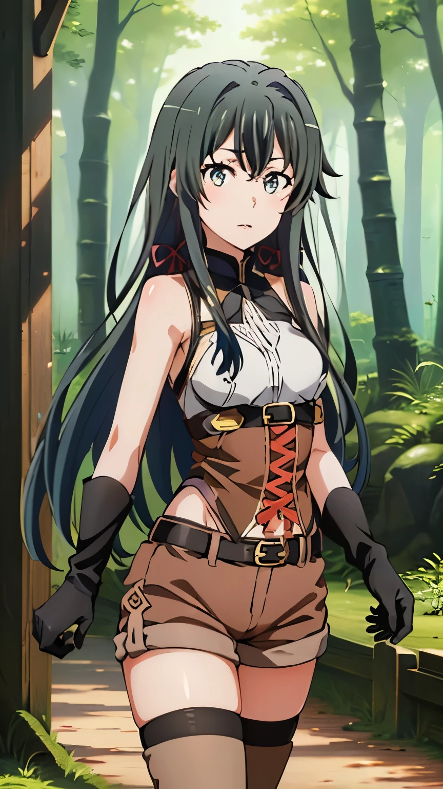 (masterpiece, best quality, highres, 8k:1.2), (anime), yukino, long hair, ahoge, Small medium breast, hair ribbon, Perfect face, Perfect eyes, (1girl, black gloves, brown shorts, green thigh highs, short shorts, belt, forest), Cowboy shot, looking at viewer,