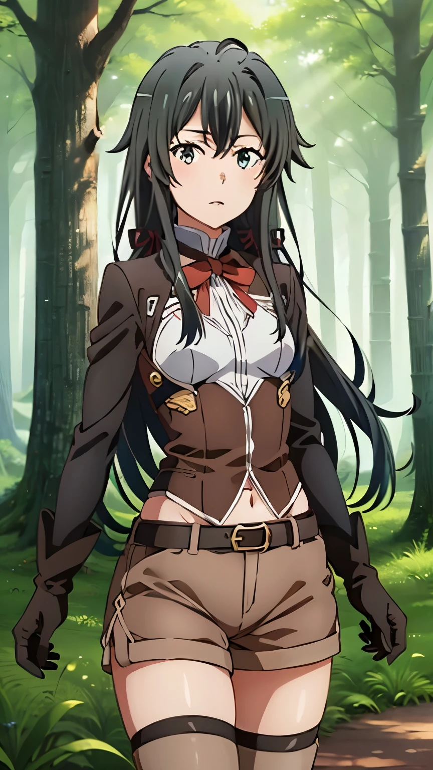 (masterpiece, best quality, highres, 8k:1.2), (anime), yukino, long hair, ahoge, Small medium breast, hair ribbon, Perfect face, Perfect eyes, (1girl, black gloves, brown shorts, green thigh highs, short shorts, belt, forest), Cowboy shot, looking at viewer,