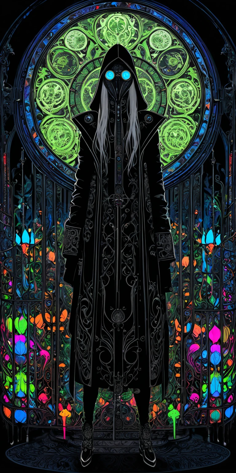 (in style of John Bauer:0.5),in style of Santiago Caruso,
Black Light Art，((masterpiece, best quality)),(illustration),(detailedLight),(Extremely exquisite and beautiful:1.4),1 Girl,Cyberpunk，Neon glows，colourful，plague_doctor_mask,Black long trench coat,Long hair,Silver long hair,Dark shadows,