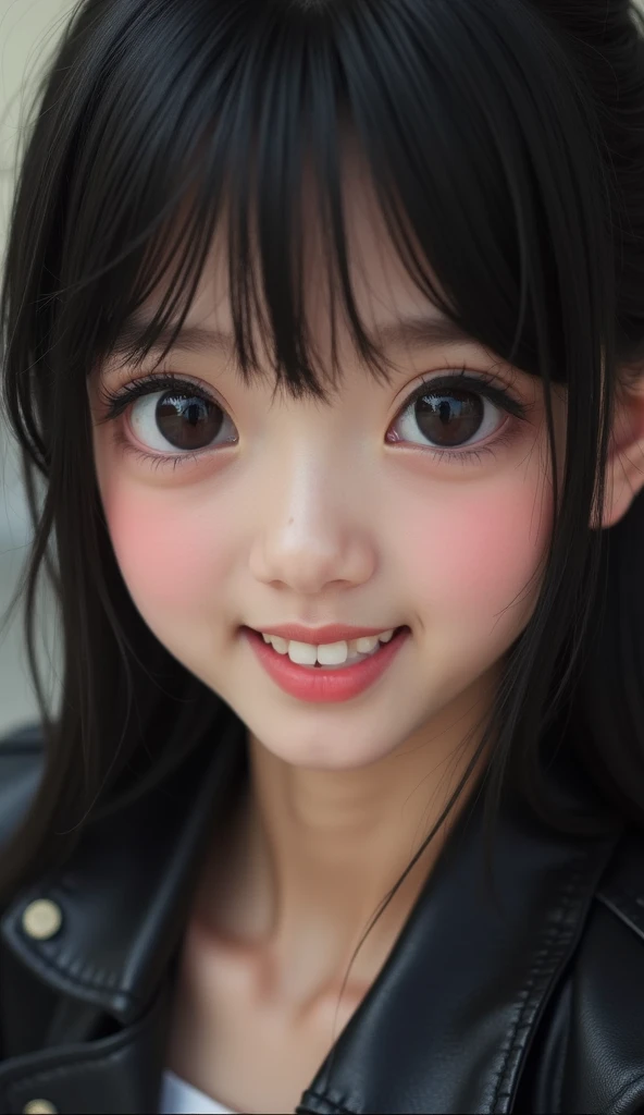 ((  close-up))22 year old girl、 *********、Leather jacket、White Breath、 black hair、 straight hair、 Show me your skirt teeth and laugh,  cute pose 、 BLACK EYES VERY DETAILED,  anatomically correct,  Japanese、Three Dimensional、Bangs,  Big Breasts , 