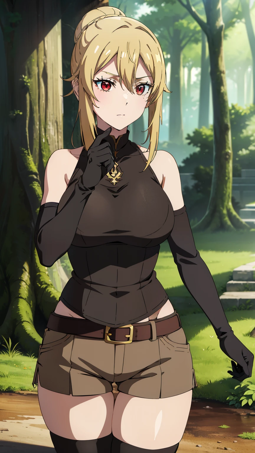 (best quality, 8k, highres, masterpiece:1.2), ultra-detailed, anime art style, beautiful intricate eyes, extremely detailed face, soft expression, stylish pose, Angelica V4, one girl, alone, red eyes, (1girl, black gloves, brown shorts, green thigh highs, short shorts, belt, forest), looking at the audience, positioned in the center of the image, beautiful medium-sized voluptuous chest, beautiful face, slender waist, charming, soft lighting