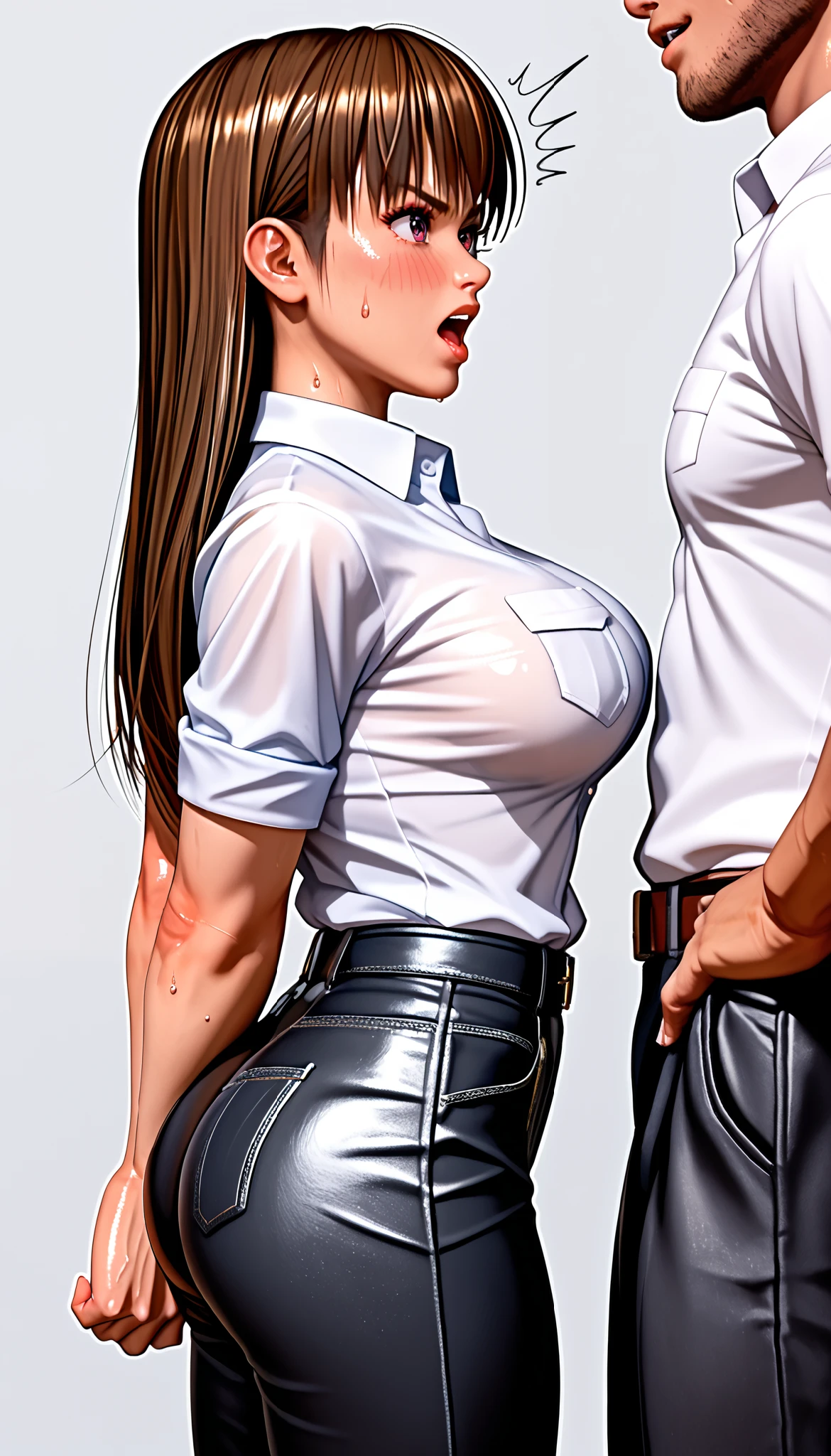 DOALeiFang, LeiFangDOA, gasp, 1girl, 1male, {{{{ Man holding girl's butt }}}}, shiny black pants, shiny white business shirt, arm-behind-back, {{ and bend your body backwards }}, OL, be breathless, sweat, sparkling sweat, trembling, long brown straight hair, breasts, [[angry]], blush, {anguish}, {{shameful}}, from side,