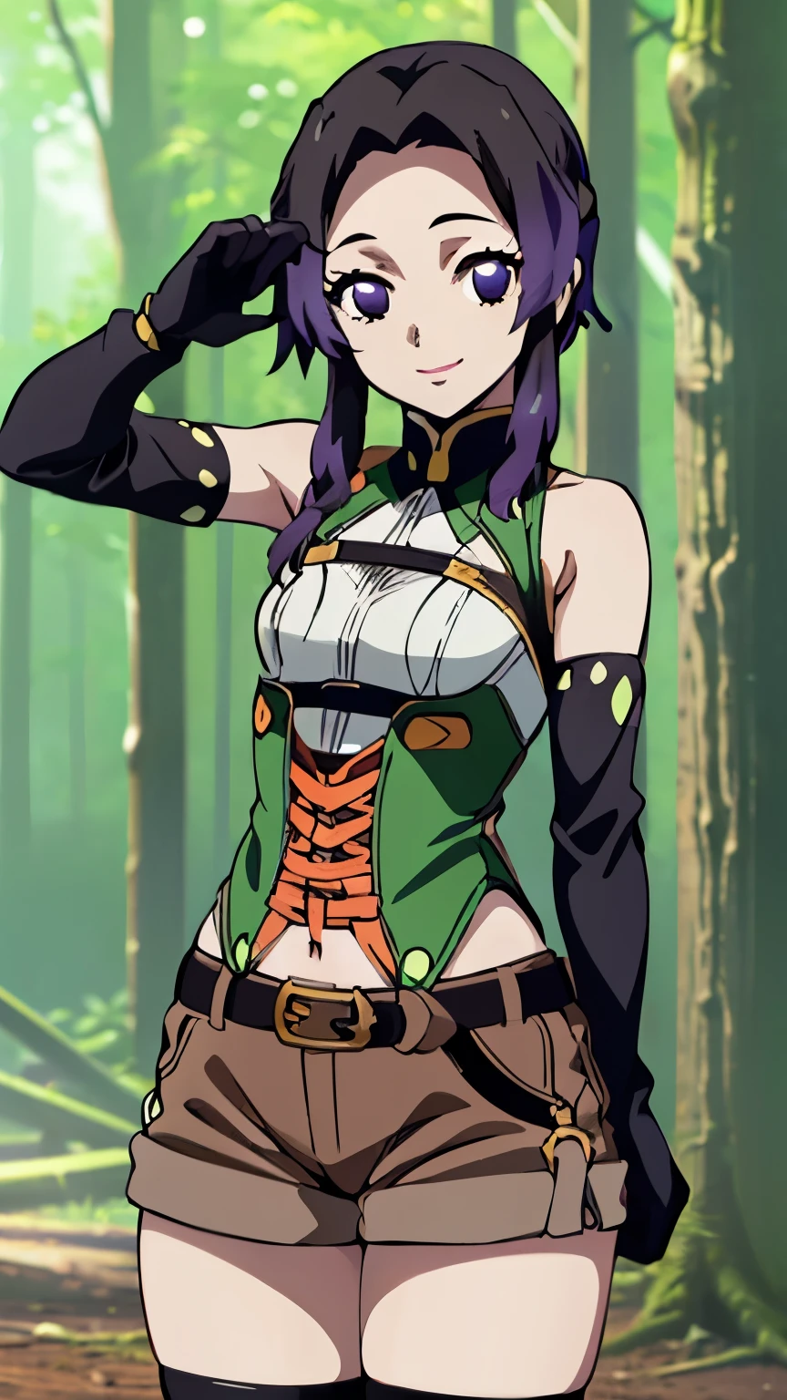 (masterpiece, best quality, high resolution, 8k:1.2), (anime coloring:1.2), 1girl, high resolution, unity 8k wallpaper, (beautiful detailed eyes:1.2), extremely detailed face, perfect lighting, extremely detailed CG, beautiful eyes, perfect eyes, detailed eyes, distinctive big highlights, symmetrical eyes, Purple Hair, Short Hair, (large butterfly hair clip), Pretty Parted bangs, purple eyes, narrow eyes, (slim:1.3), (small medium breasts:1.2),
(cowboy shot:1.2), (sexy pose:1.2), (perfect hands, perfect anatomy), solo, dutch angle, looking at viewer, nffsw, ((1girl, black gloves, brown shorts, green thigh highs, short shorts, belt, forest, smile)),