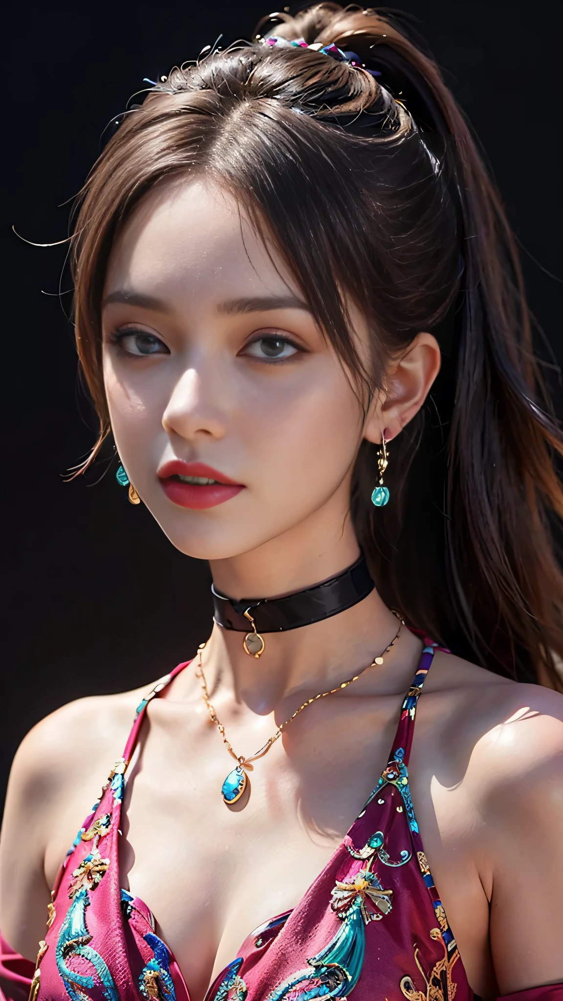 ((masterpiece:1.4)、(Highest quality:1.4)、(Realistic:1.7))、Masterpiece:1.4、Pretty Girl 0.3、(1:1.4)、cute、(Portrait Photography:1.4)、(Close-up photo:1.7)、(An outfit that emphasizes beautiful breasts:1.4)、Sharp focus:1.5、Detailed eyes、double eyelid、{Long Hair}、Beautiful woman with perfect figure:1.4、Perfect proportions:1.4、(Anatomically correct body shape:1.4)、well-proportioned and beautiful udder:1.2、Upper body photo shoot:1.2、Beautiful expression、Resistance、Dark Background、ponytail、Nikon SLR D6、Natural light、Lighting technology that creates beautiful expressions、Ideal lighting、RAW Photos、Red lips、Beautiful face with long face、choker:1.4、necklace:1.4、Earrings:1.4、1 Screen Display