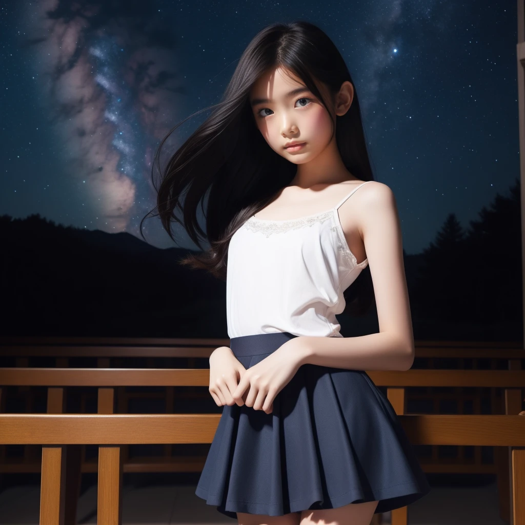 Beautiful images、universe、Fantasy、Shooting start or swarm、 Girl、black eye、Hair length、Starry Sky、Japanese、high school girl、camisole、Fluttering mini skirt、