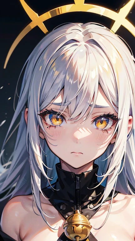 Two-tone hair, white hair, black hair, ahoge, shiny hair, straight hair, halo, bell, feather hair ornament, mole under eye, mismatched pupils, tears, yellow eyes, sad, crying, anime, Post-Impressionism, anime style, character chart, omake, tachi-e, from above, UHD, retina, masterpiece, accurate, anatomically correct, textured skin, super detail, high details, high quality, award winning, best quality, highres, 1080P, HD, 16k