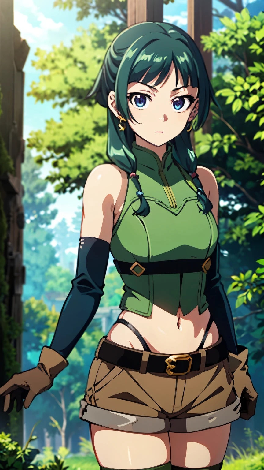 Top quality (8k, high resolution, masterpiece: 1.2), super detailed, anime art style, dynamic angle, (1girl, black gloves, brown shorts, green thigh highs, short shorts, belt, forest), detailed green hair, detailed blue eyes, intricate hairstyle, long hair, slim body, perfect eyes, youthful, hair accessories, earrings, half-updo, slightly dull bangs, detailed lighting, bright colors, looking at the viewer, in the center of the image, cowboy shot,