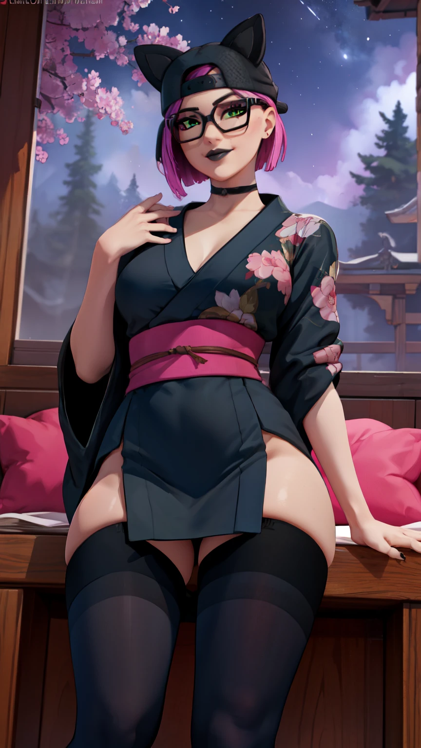 1girl,solo,super detailed skin,shiny skin,natural face ,half open eyes,eyelashes,lips gloss,pale purple hair,blunt bangs,short straight hair,large breasts,floral printed kimono,pink panties,cameltoe,reclining sofa,living room,masterpiece,best quality,ultra detailed,high resolution,sharp focus,depth of field