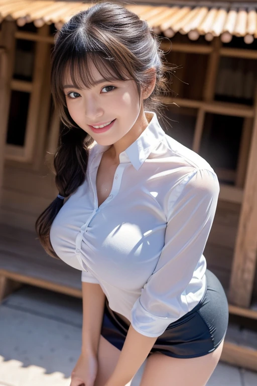 ( top quality,  Masterpiece  :1.3, super high resolution),( very detailed, caustics ,8k),( realistic :1.4,RAW shooting), 1 girl,( looking at a camera and smiling ),( see here)、cute, Japanese , black short ponytail,(Tight-fitting uniform blouse),(( miniskirt))、 glamorous,(((Big Breasts))),( close),( bust focus),street,sunlight, natural light,(Backlight),( A bright light is shining from behind),( lens flare),Professional Writing,( Cowboy Shots ),(Low position:1.2),( low angle:1.2)、(((Blouse soaked with sweat and showing underwear)))、(( big butt))