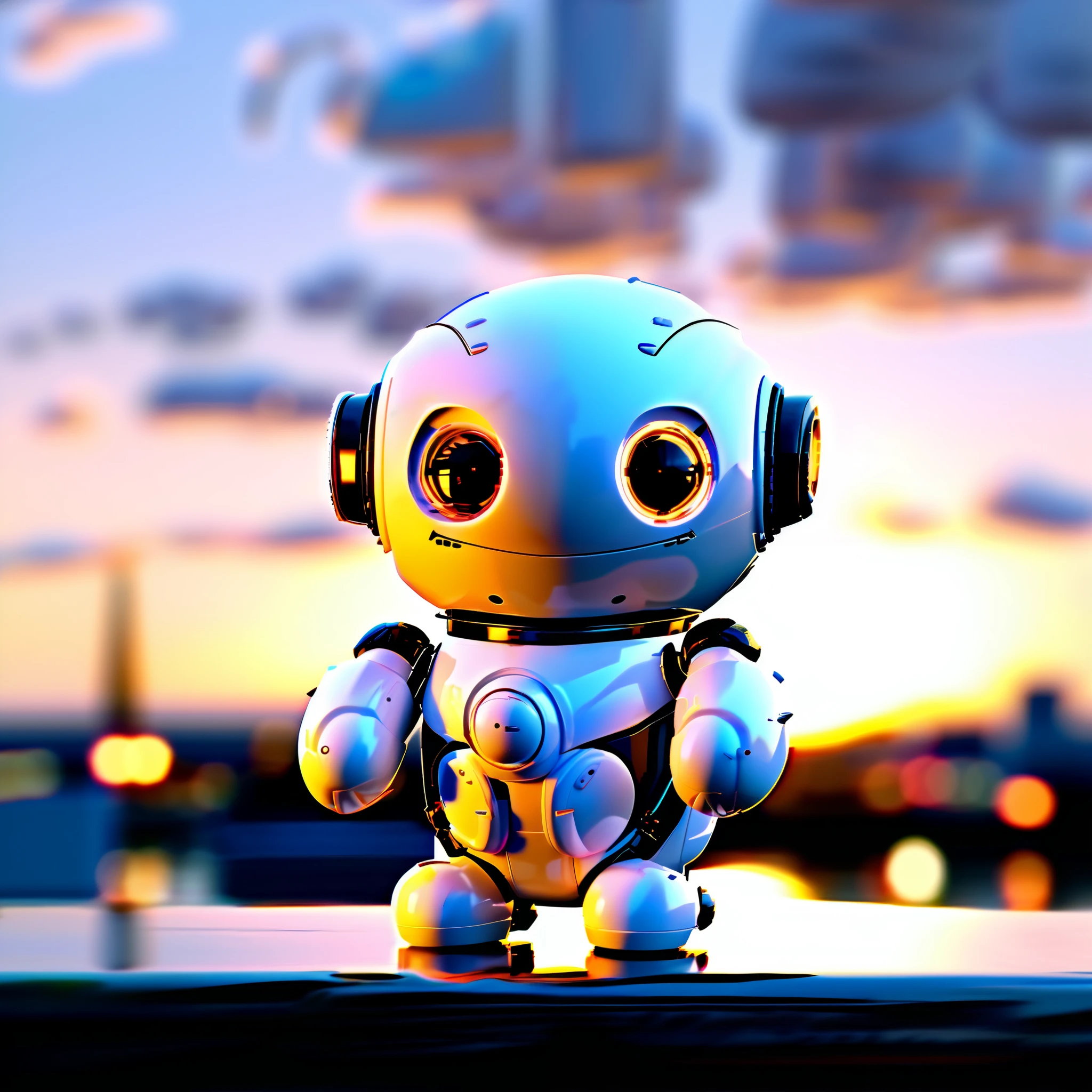 Unrealistic rendering of the engine of a cute little robot on an evening with a lump in its hands 