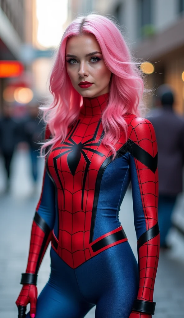 fanbingbing（masterpaintings，4K分辨率，Ultra photo realsisim，Heavily detailed），（Expose the chest，G-cup），（Superhero theme，Glamorous，There was a girl at the top of town，Wearing a Spider-Man costume，she is a superhero），[（25age），（pink scrunchie：1.2），Whole human body，（blue-eyes：1.2），（（Spider-Man pose），Show power），（（sandy urban environment）：0.8）|（urban landscape，夜晚，dynamic lights），（moon full））] # illustrated：The Prompt mainly describes a 4K painting of ultra-high definition，Very realistic，Heavily detailed。It showcases superheroines at the top of the city，Wearing a Spider-Man costume。The subject of the painting is a black superhero theme，The heroine has long pink hair，He is 25 years old，The entire figure is shown in the painting。In terms of depicting the actions of superheroines，Spiders were used