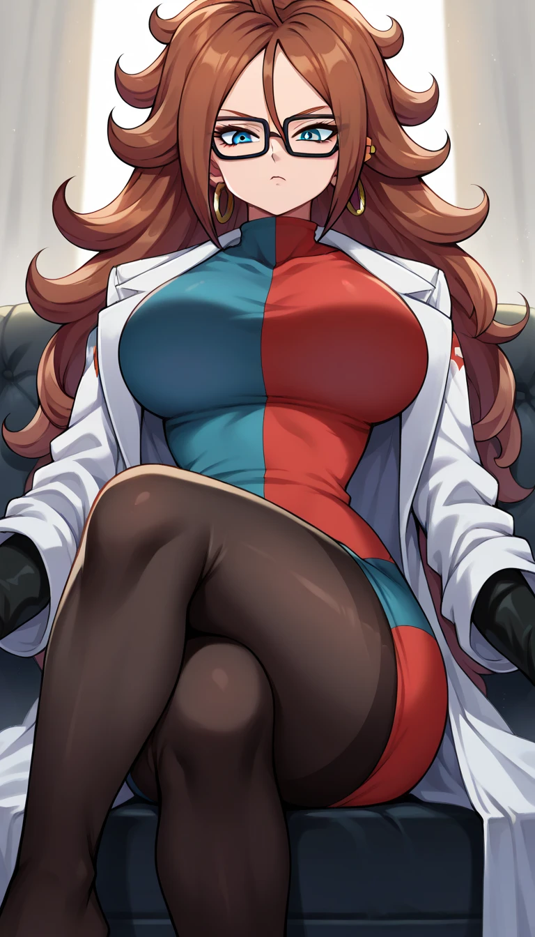 android21, android 21, blue eyes, brown hair, glasses, long hair, very long hair, black-framed eyewear, serious face, close mouth, black sleeves, checkered clothes, checkered dress, detached sleeves, dress, lab coat, turtleneck, indoors, Black pantyhouse looking at viewer, sexy body, huge breasts, thick legs, wide hips, front view, below view, sitting on sofa, crossed legs, feet