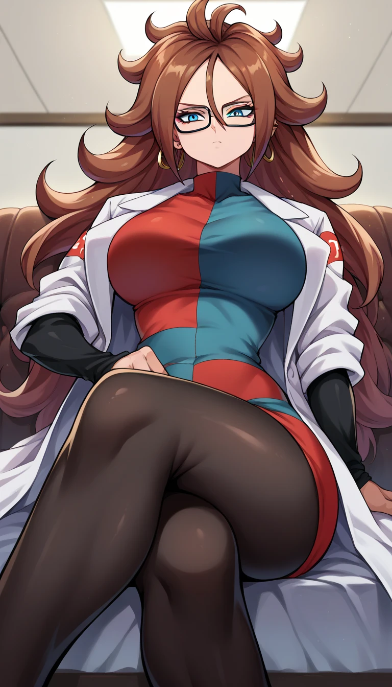 android21, android 21, blue eyes, brown hair, glasses, long hair, very long hair, black-framed eyewear, serious face, close mouth, black sleeves, checkered clothes, checkered dress, detached sleeves, dress, lab coat, turtleneck, indoors, Black pantyhouse looking at viewer, sexy body, huge breasts, thick legs, wide hips, front view, below view, sitting on sofa, crossed legs, feet