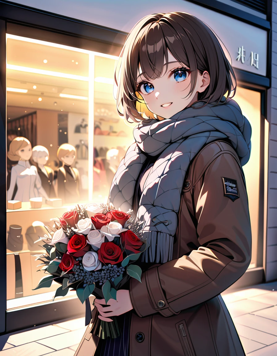 (In 8K, Best Quality, Master Piece: 1.2), Ultra High Resolution,1 girl,solo,yo,ultra-detailed face,detailed eyes,gold eyes,mascara,short hair,brown hair,holding bouquet of winter flowers,holding Winter flower bouquet, skirt,black cashmere coat,gray fur scarf,cowboy shot,rim light,looking at the shop windowstanding in front of a shop window with clothes,cute,cheerful smile,outdoors Department store