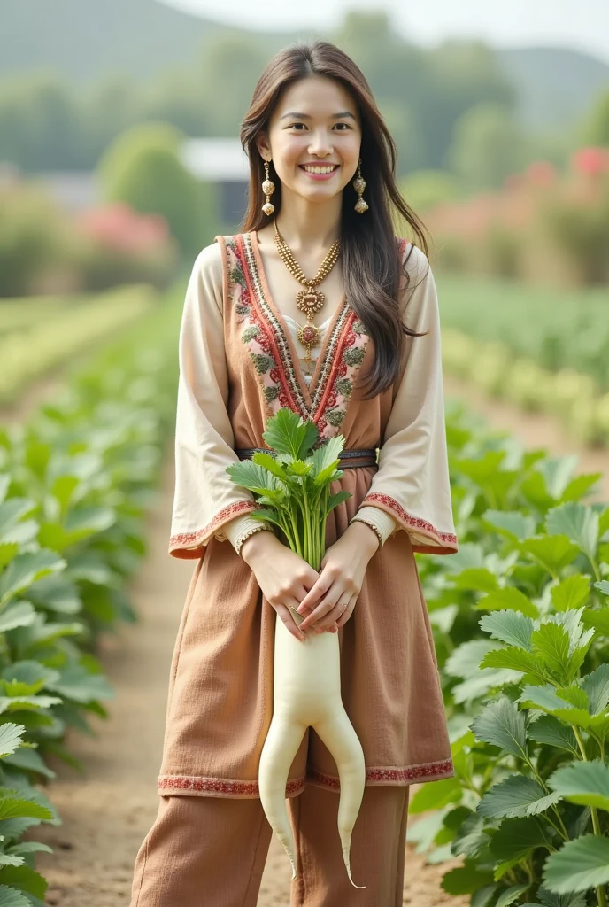 Beautiful Crimean Tatar girl with a daikon, an enormous smile, intricately woven bohemian-style clothing and multiple accessories, At the farm.