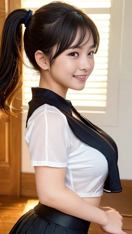 ( top quality,  Masterpiece  :1.3, super high resolution),( very detailed, caustics ,8k),( realistic :1.4,RAW shooting), 1 girl,( looking at a camera and smiling ),( see here)、cute, Japanese , black short ponytail,(Tight-fitting uniform blouse),(( miniskirt))、 glamorous,(Big Breasts),( close),( bust focus),street,sunlight, natural light,(Backlight),( A bright light is shining from behind),( lens flare),Professional Writing,( Cowboy Shots ),(Low position:1.2),( low angle:1.2)、(((Blouse soaked with sweat and showing underwear)))、(( big butt))