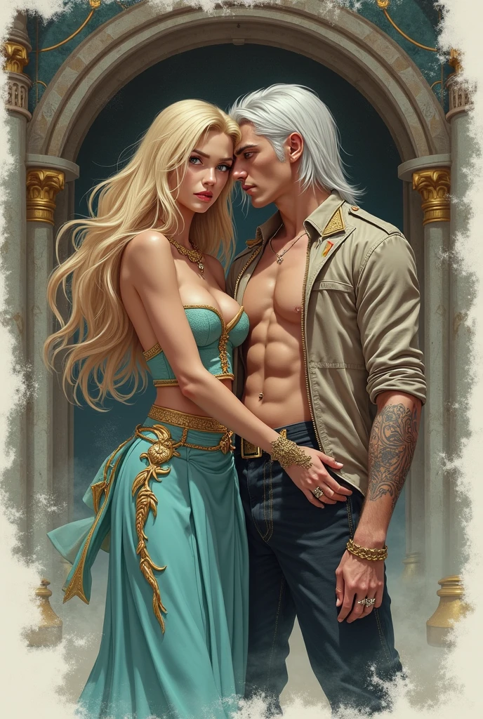 (Pony:1.3), trousers, cowboy shot, 1girls, Blonde Hair, long-haired, green eyes, bara, ahoge,midriff, boots, smile, navel,belt, cleavage, romper,