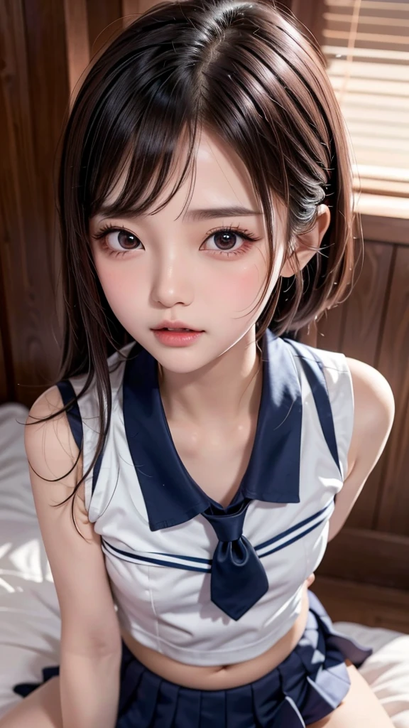 (8k, RAW photo, photorealistic:1.25) ,( lipgloss, eyelashes, gloss-face, glossy skin, best quality, ultra highres, depth of field, chromatic aberration, caustics, Broad lighting, natural shading,Kpop idol) looking at viewer with a serene and goddess-like happiness, highschool classroom, sailor uniform, mini skirt
