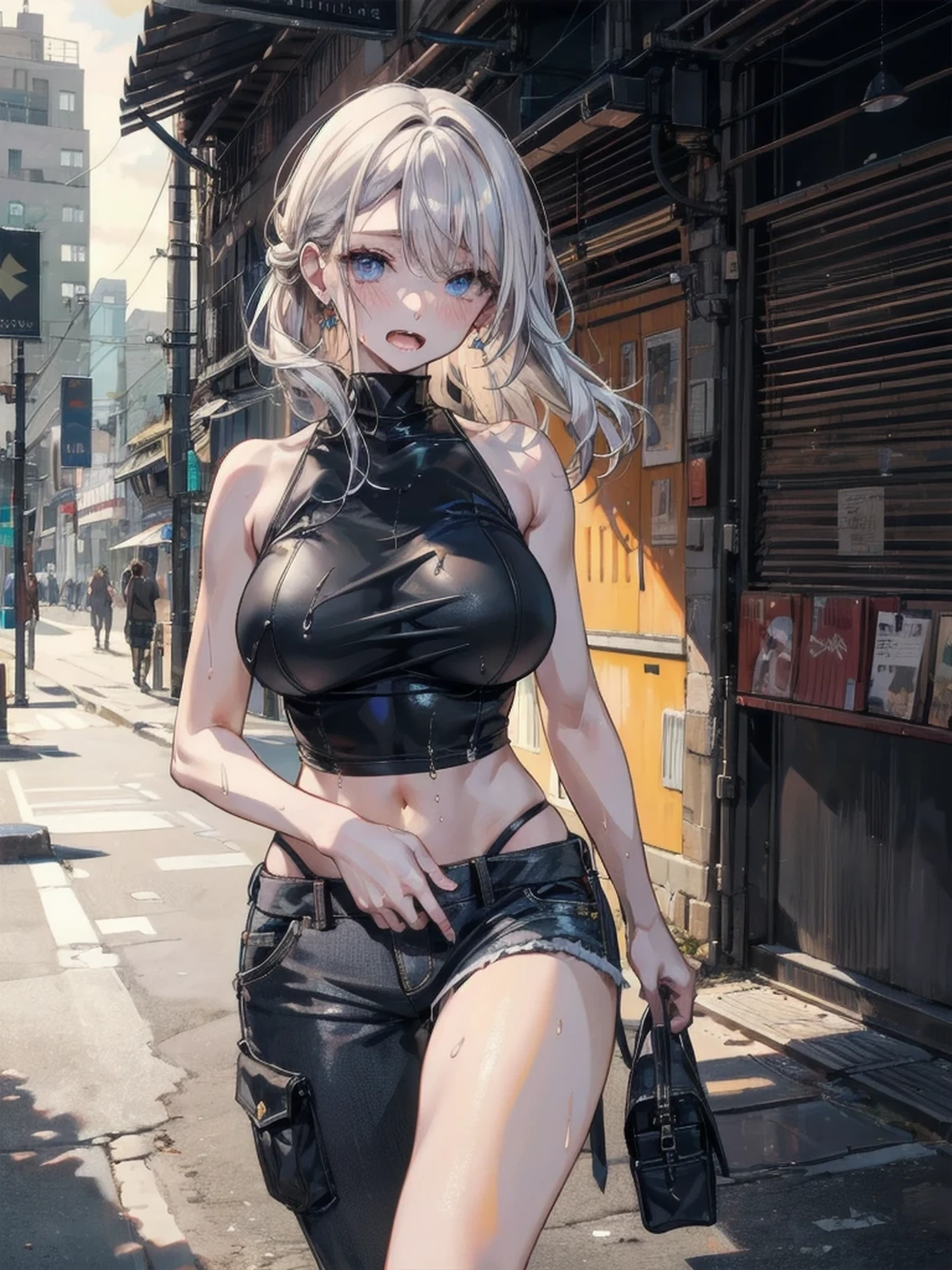 highest quality、complete limbs、full finger、one beautiful woman、((Woman with silver hair:1.4))、very short hair、big breasted woman:1.6、((Woman wearing light gray high neck sleeveless leotard with zipper:1.3))、woman wearing brown pantyhose、sexy pose