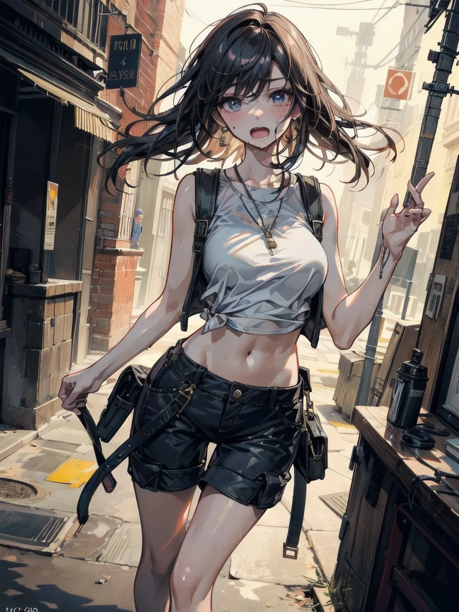 A very thin girl, with extremely pale skin, wearing a white Bucket Hat and a black gas mask covering her entire face with reflective lenses. She is dressed in a white collarless crop top, black shorts, and brown boots. She stands next to a vintage green Vespa motorcycle, holding an empty bottle. The setting is an urban alley, decorated with vibrant street art and graffiti on the brick walls. The alley is dimly lit, casting dramatic shadows and enhancing the dystopian atmosphere. The scene conveys a sense of rebellion and urban exploration, with subtle light reflections and detailed textures throughout.
