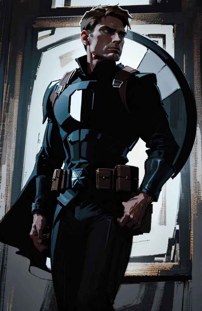  Steve Rogers,  black shape, Silhouette,  art, look down, symmetry, black shield in front of you