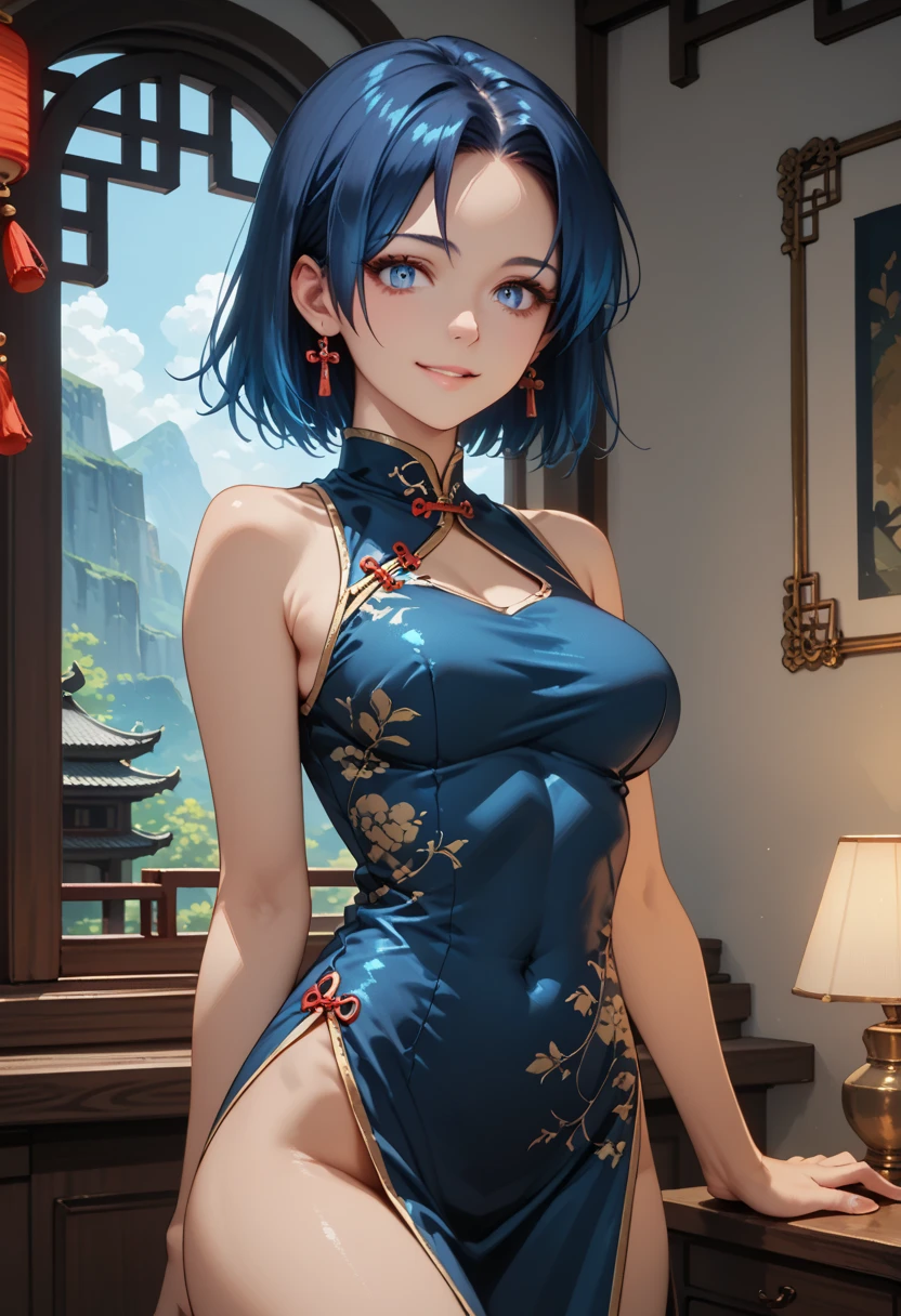 masterpiece, best quality, ultra-detailed,
Rem, re zero, Blue hair, Short bob hair, large breasts, cleavage, navel,
smile,((standing (on side) )),china clothes, long slit,((pretty face, cute girl, pretty)), 18_years_old_girl, ((tareme)),large eyes, glowing,