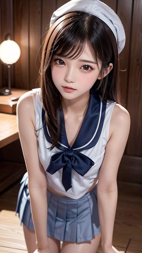 (One Girl), ((Very cute face)), Great face and eyes, (Highly detailed eyes, Highly detailed face), Fresh, Very beautiful appearance, (Ultra-realistic, High resolution), (highest quality:1.4), RAW Photos, (Realistic, Realistic:1.37), Professional photography , (Wet and see-through sailor uniform:1.1)  , Smile a little, (look at me) , Portrait of a Girl  , (gigantic breasts:1.3)   , (((15 years old)))   , ((junior high school student)), (light brown short hair:0.9) , (wavy hair:1.3) , (Nipples visible through sailor uniform:1.3) , (Pussy juice:1.3) , (Please tilt your head a little) , Perfect nipples , ((Nipples are light pink )) , ((light pink areola))  , (selfie), (The man is licking her nipples:1.4) , (sweating cleavage:1.2) , (cum on her breasts ) , (small nipples) , ( one hairpin ) , (upper body) , (lying down on the bed:1.3) , (young face:1.3) , (little girl:1.3) , (sleep on your back:1.3) , (young face:1.3)