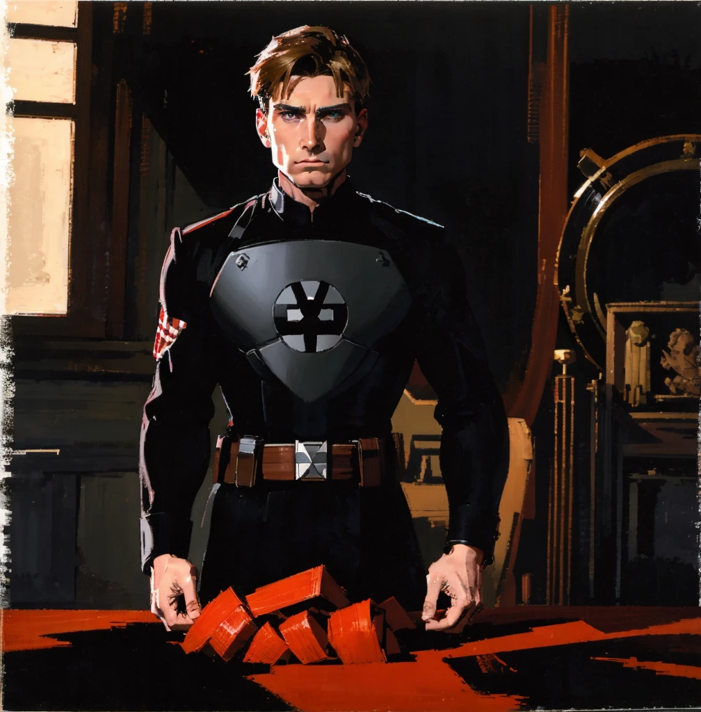  Steve Rogers, black uniform with a red , Silhouette,  art, look down, symmetry,  black shield in front of you