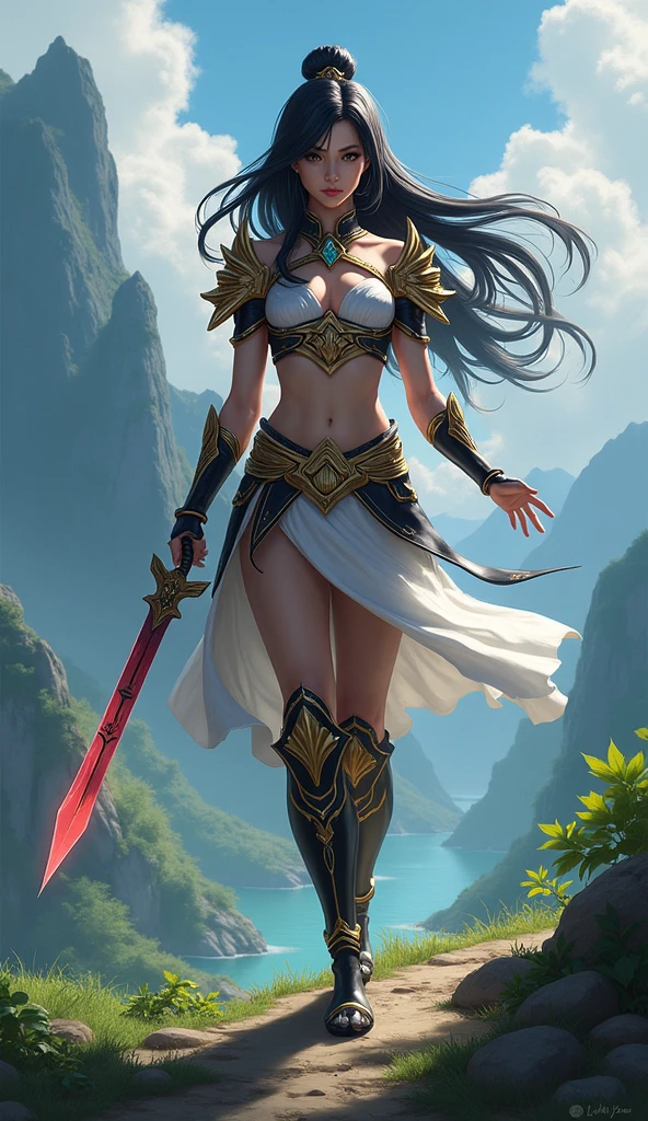 Young elf with black hair and pointed ears,dark skin,black persian clothing,Bare waist,transparent long skirt,,thong,cleavage,Bare Legs,barefoot,Standing,forest