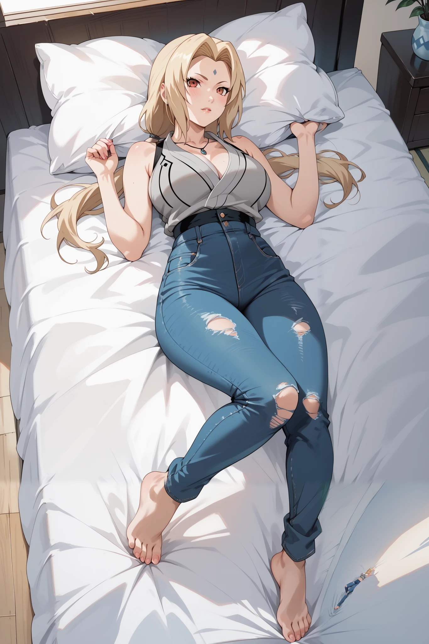 Masterpiece,4k, extremely detailed,solo,1girl,tsunade,((full body)),slim body,large breasts,beauty legs,grey kimono,sleeveless,blue ripped jeans,lying on the bed