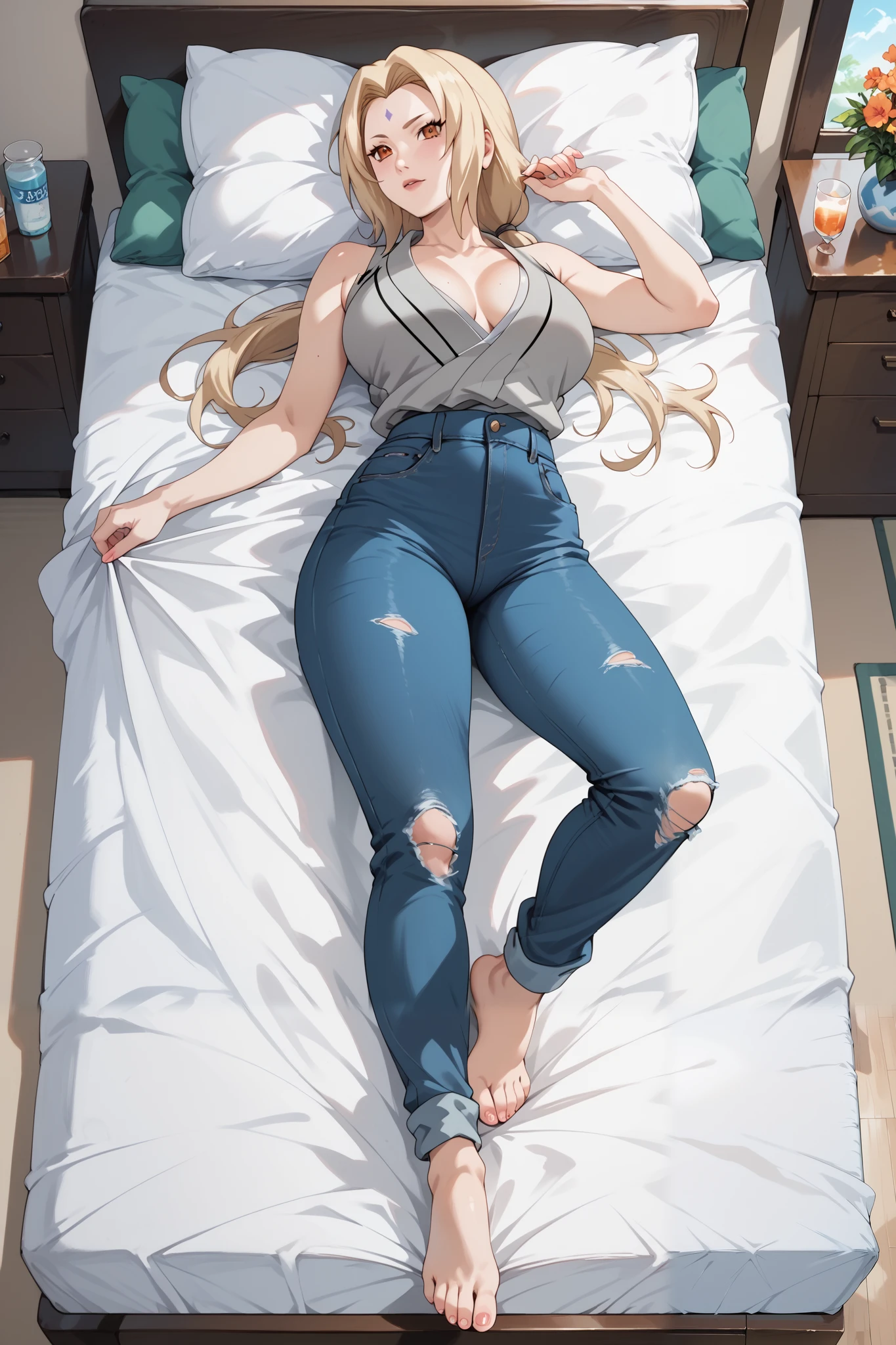 Masterpiece,4k, extremely detailed,solo,1girl,tsunade,((full body)),slim body,large breasts,beauty legs,grey kimono,sleeveless,blue ripped jeans,lying on the bed