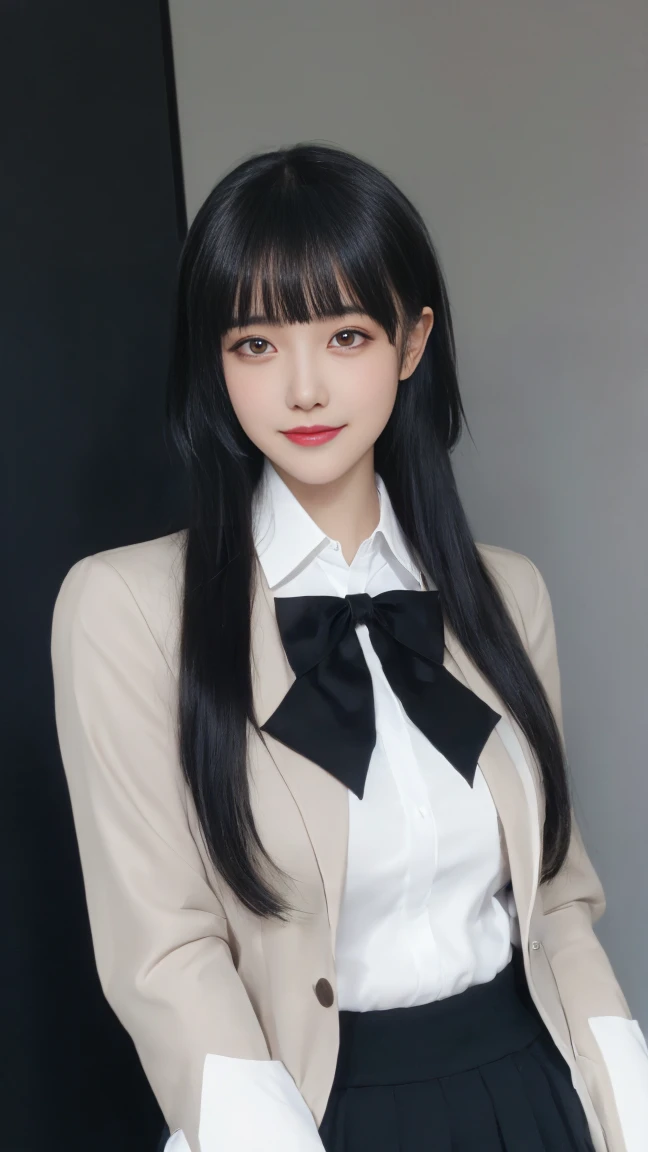  ulzzang-6500-v1 .1,(raw photo:1.2),((photorealistic:1.30)), ((best quality)) ,((masterpiece)),((Ultra High Resolution)), ((Clear View)),,Ultra-high resolution,Clear face,（Reality：1.4) ,  illustration, an extremely delicate and beautiful, extremely detailed ,CG ,unity ,8k wallpaper, Amazing, finely detail, masterpiece,best quality,official art,extremely detailed CG unity 8k wallpaper,absurdres, incredibly absurdres, huge filesize, ultra-detailed,  highres icon, extremely detailed,beautiful detailed girl, extremely detailed eyes and face, beautiful detailed eyes,light on face,cinematic lighting, 1girl, solo, bangs, yuki suou(roshidere), (black hair:1.3), long hair, bangs, black eyes, hair braid, skirt, shirt, long sleeves, bow, , jacket, white shirt, pleated skirt, collared shirt, bowtie, black skirt, red bow, red bowtie, blazer, (grey blazer:1.3), long sleeves, upper body view, smile,Braid, 