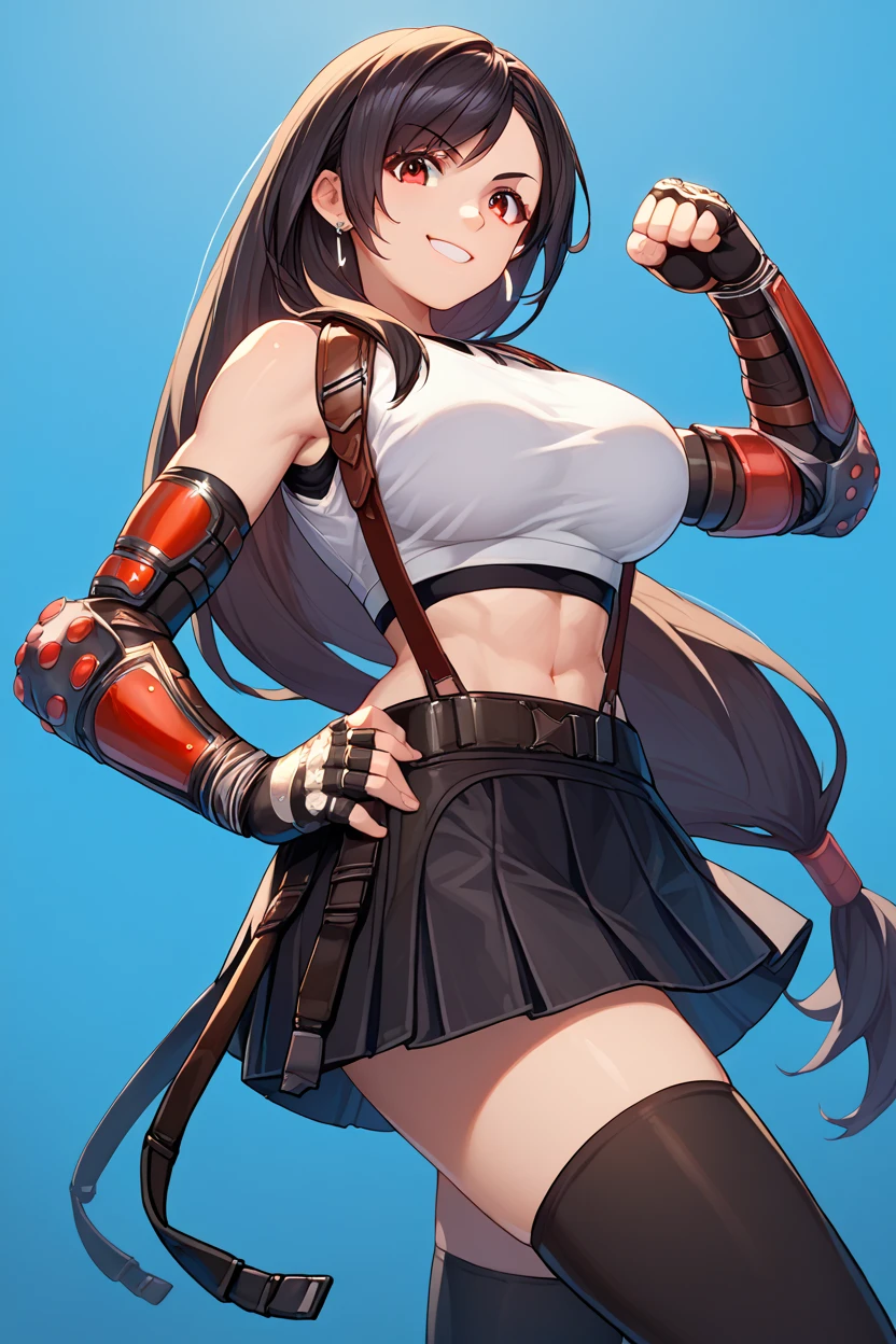 score_9, score_8_up, score_7_up, score_6_up, source_anime, 1girl, solo, 7rtif, red eyes, low-tied long hair, black hair, earrings, sports bra, black suspenders, pleated miniskirt, black thighhighs, arm guards, elbow gloves, fingerless gloves, large breasts, upper body, gradient background, blue background, looking at you, smile, hand on hip, upper body, clenched hand, happy, from below