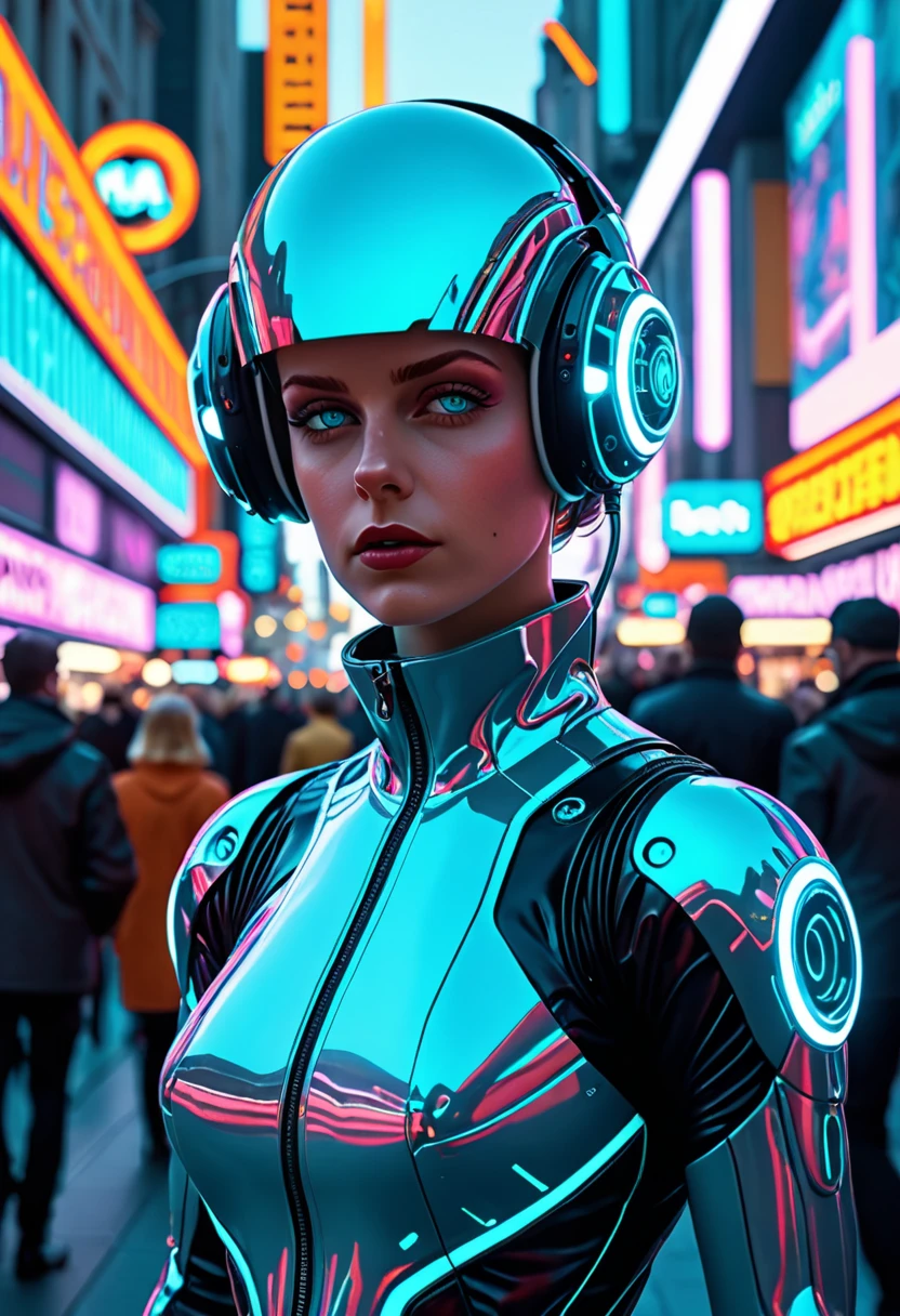  visually striking nanotechnological woman , vibrant atmosphere of a futuristic street market, bustling crowd. She wears high-tech tactical clothing that integrates seamlessly with her petite and athletic augmented figure, Cybernetic implants,  mechanical arms,  dimly glowing mechanical eyes .,  integration of organic and synthetic intelligence . } This close-up scene captures the essence Raw cyberpunk culture ,  mix of high-tech aesthetics with a retro-futuristic attitude .  Each element is represented in meticulous detail ,  from the fibers of her outfit to the luminous advertisements that are there , immersing spectators in a world where technology.  Natural volumetric lighting .  Dan McPharlin style , Maciej Kuciara's style,  Stephan Martiniere style ,  .  old science fiction ,  1950s and 60s style , atomic age , vibrant,  highly detailed,