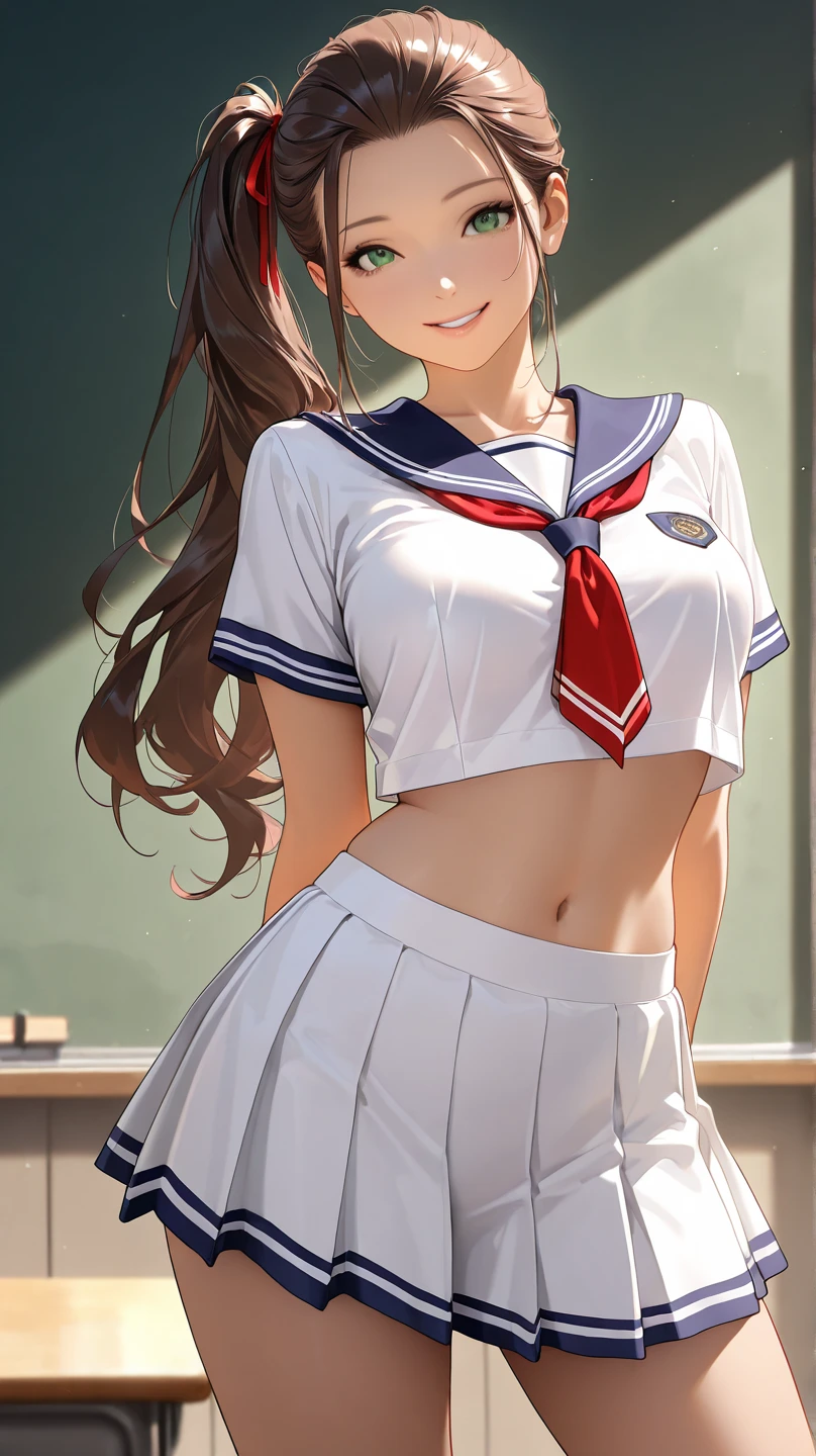 masterpiece, best quality, very aesthetic, realistic detailed CG, Sharp Focus, high contrast, 1lady, JK, detailed face detailed green eyes, smile, semi-long hair, dark brown silky hair, hair styled in a center-parted slicked-back look, side ponytail, contrapposto, hands behind back, navel, Captivating thighs, knee, classroom, (sheer crop top white shirt), sailor suit, pleated skirt, red ribbon tie