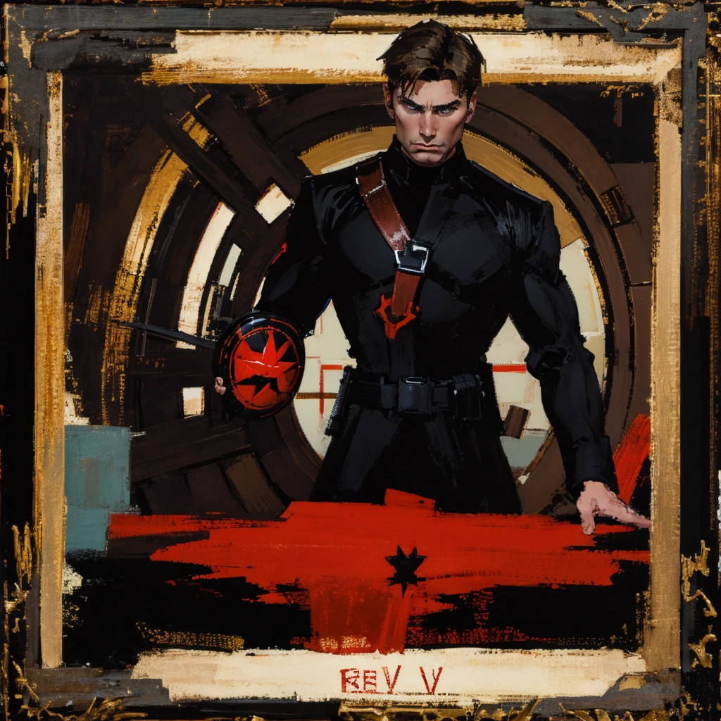  Steve Rogers,  black uniform with red, Silhouette,  art, look down, symmetry, black shield in front of you, captain hydra 