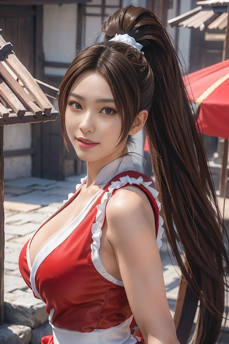 Mai Shiranui  ,   Brown Eyes  ,   Japanese Beauty，smile long hair,  brown hair, ( red clothes:1.3)，super Big Breasts，   sleeveless,   ponytail,  pelvic curtains , Arm guard,  gloves, or，full的胸部，   Seductive Expression  , Sexy Eyes, Big Breasts, smile,   amazing,   viewer,  long hair, (  Bust Focus :1.2), (:1.2), (Panorama: 1.2), (  realism), (  Masterpiece  :1.2), ( top quality), ( super detailed), (8k, 4K,  complicated), (85mm), light particles, light, (  very detailed:1.2), (  detail face :1.2), (  gradients), sfv, rich and colorful, flower(  delicate eyes full of determination:1.2), (solid color background: 1.2),(   detailed background  ), (  dynamic angles in crowded Kyoto :1.2), ( dynamic pose with ladle:1.2), (   action line  :1.2),  Wide Angle Lens , Big Breasts，Big Breasts，crowd，full，幸せなsmile，full的，  perfect eye details  ，cute