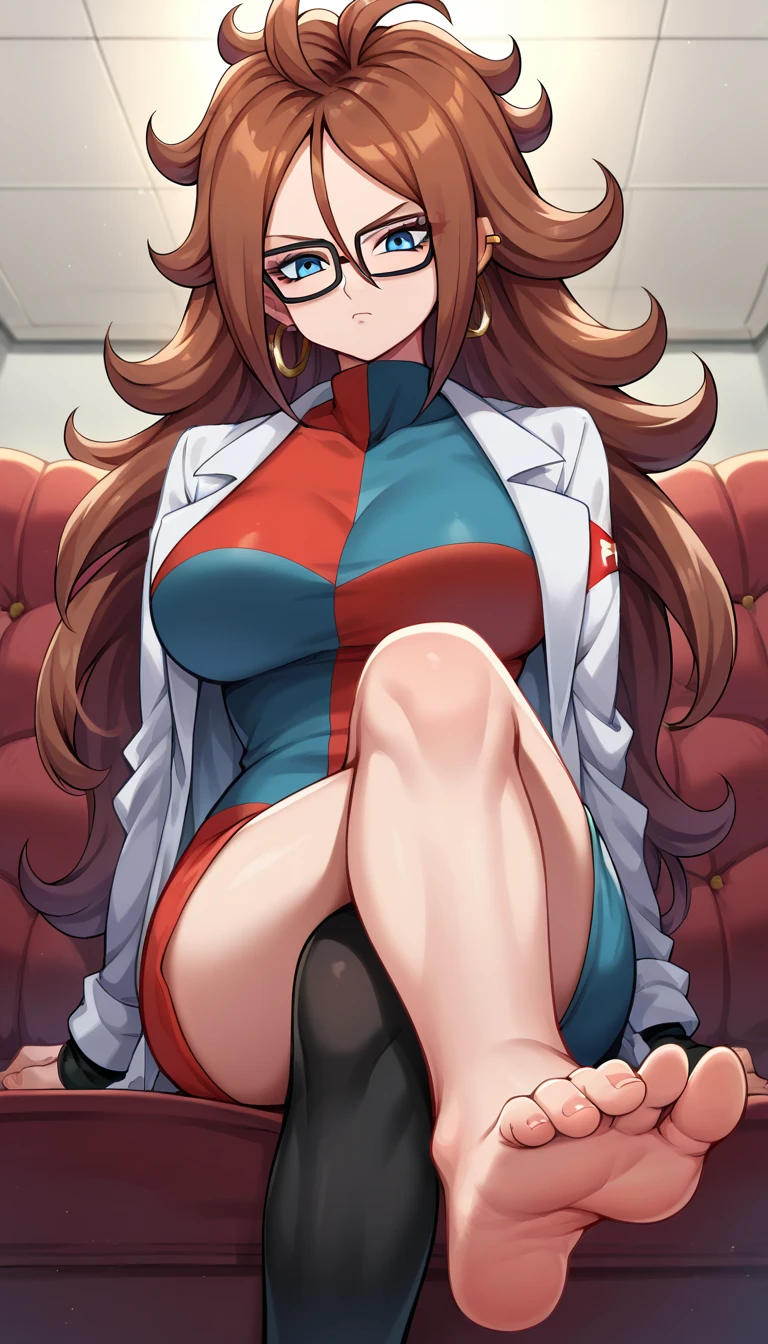 android21, android 21, blue eyes, brown hair, glasses, long hair, very long hair, black-framed eyewear, serious face, close mouth, black sleeves, checkered clothes, checkered dress, detached sleeves, dress, lab coat, turtleneck, indoors, Black pantyhouse looking at viewer, sexy body, huge breasts, thick legs, wide hips, front view, below view, sitting on sofa, crossed legs, feet, showing feet, cute feet