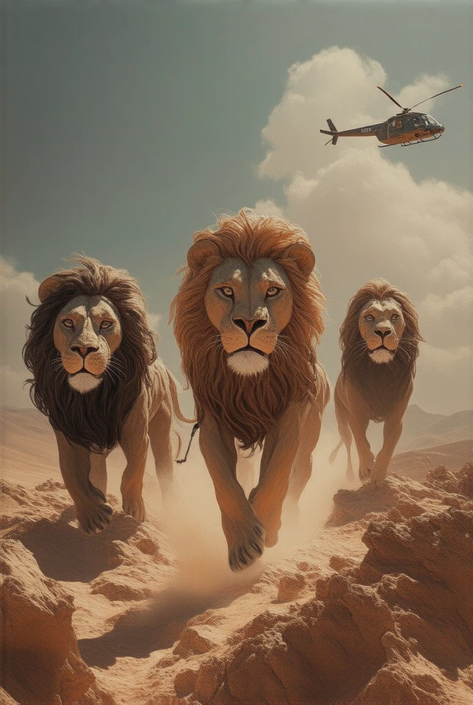 In a realistic front view captured on camera, three giant lions in the shape of muscular war soldiers walk slowly on foot. In front of the camera across the desert landscape, a light cloud of dust rises beneath their feet, adding to the intensity of their movement. The dryness of the desert is confirmed by the rocky soil, with some sand dunes visible. We see a helicopter pass them from behind, speeding through the desert 
Looks determined. The cinematography style, with its dramatic lighting and film-like composition, is true 8K. High accuracy.