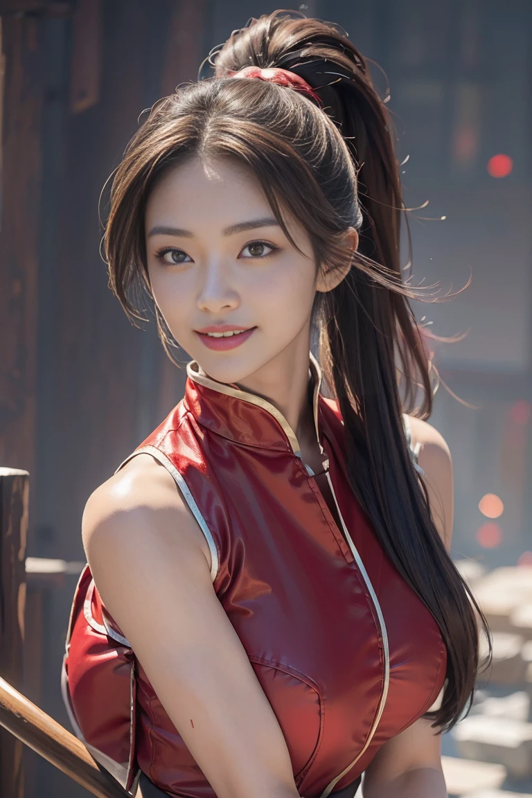 Mai Shiranui  ,   Brown Eyes  ,   Japanese Beauty，smile long hair,  brown hair, ( red clothes:1.3)，super Big Breasts，   sleeveless,   ponytail,  pelvic curtains , Arm guard,  gloves, or，full的胸部，   Seductive Expression  , Sexy Eyes, Big Breasts, smile,   amazing,   viewer,  long hair, (  Bust Focus :1.2), (:1.2), (Panorama: 1.2), (  realism), (  Masterpiece  :1.2), ( top quality), ( super detailed), (8k, 4K,  complicated), (85mm), light particles, light, (  very detailed:1.2), (  detail face :1.2), (  gradients), sfv, rich and colorful, flower(  delicate eyes full of determination:1.2), (solid color background: 1.2),(   detailed background  ), (  dynamic angles in crowded Kyoto :1.2), ( dynamic pose with ladle:1.2), (   action line  :1.2),  Wide Angle Lens , Big Breasts，Big Breasts，crowd，full，幸せなsmile，full的，  perfect eye details  ，cute