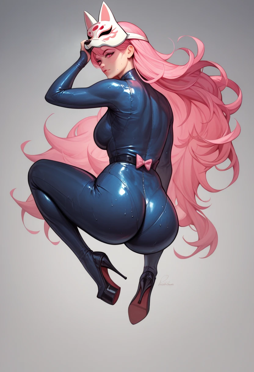 (  masterpiece  , ,   ultra high resolution ),  a girl, Hata no kokoro, fox mask,   Pink hair, long hair,   pink eyes  ,  head mask , (   dark blue latex suit   ),   The clothes fit perfectly  , pink bow tie,  the latex has an intense metallic sheen, glow,  redondo,   Viscose full body  , sweat, loaded, steamy, glow,  redondo,   pretty face  , Anime Face,   Illuminate from the backgredondo  ,  Big Big Ass Milf Big Boobs Butt , ass, from behind, focus on ass