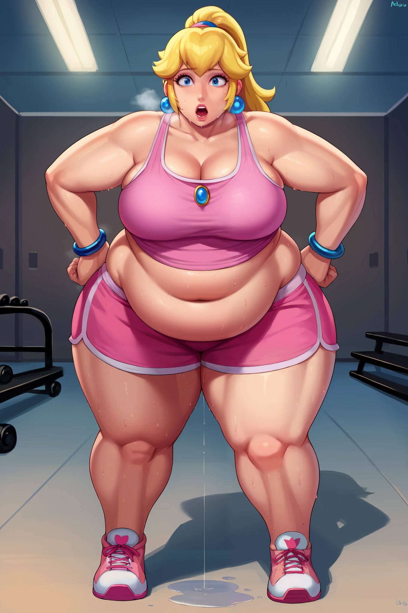 score_9, score_8_up, score_7_up, BREAK, 1girl, solo, princess peach, 1girl, solo, , blonde hair, ponytail, jewelry, bracelet, makeup, casual, cowboy shot, blue eyes, looking at the viewer, large breasts, hands on hips, pink tanktop, sweaty, pink shorts, sweating profusely, open mouth, exhausted, heavy breathing, puddle of sweat on the ground, steam coming out her mouth, gym, indoors, she wears pink shoes, thick, obese, soft belly, chubby, wide hips, sexy hips, full body, big belly, thicc thighs
