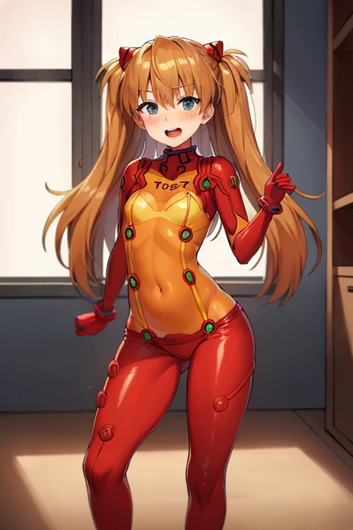 (( top quality)), ((masterpiece)), (be familiar with),  perfect face, indoor, bedroom,  viewer,
One woman,  Soryu Asuka Langley,
 open mouth,  ecstatic expression with hands in front of body, blush, smile,
 small tits,  flat chested, Young girl, Lori,  s,  girl,
 long hair,  twin tails,
Leg spread,