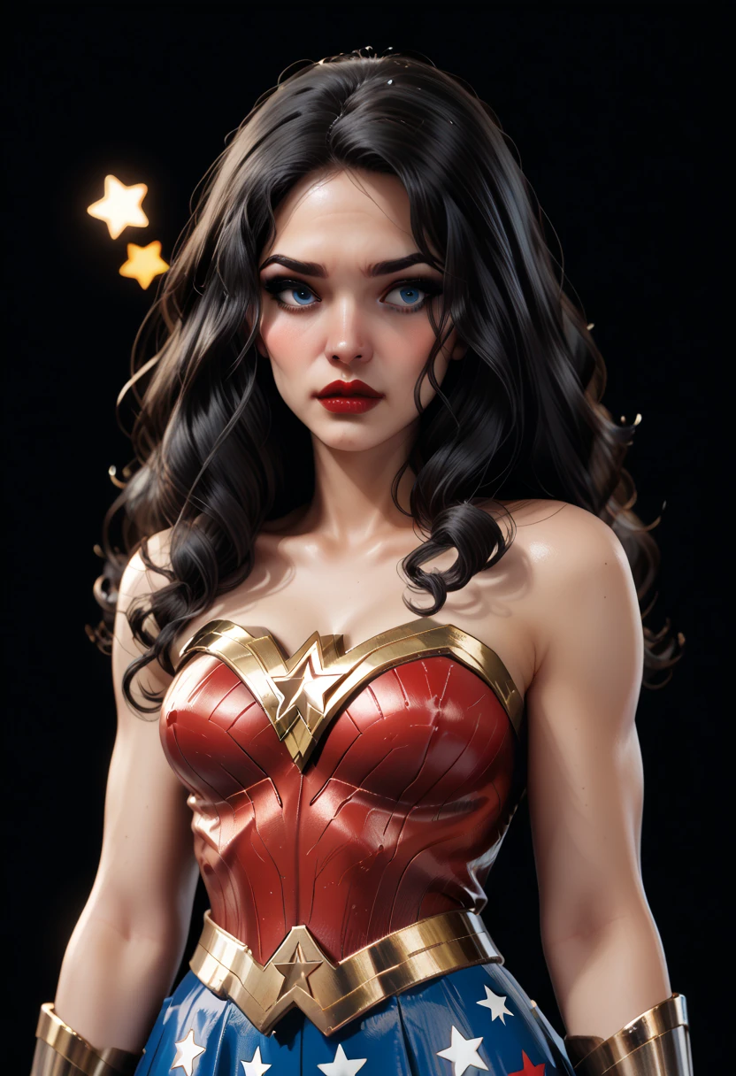 (Wonder Women - DC Comic), standing, star background, long black wavy hair, blue eyes, red lips, blush red, black eyeshadow, black eyeliner, full set of wonder woman costumes