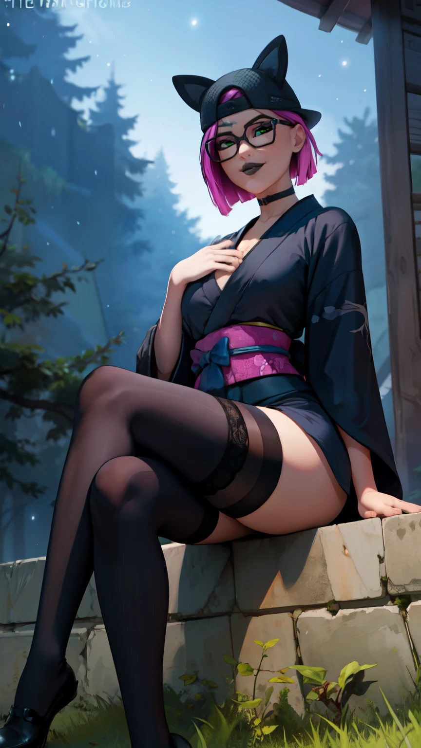 yuzuriha_(jigokuraku), (1girl, purple hair, brown eyes, ninja, glowing, small breasts, glowing eyes, happy) (digital) (crossed legs indian style in detailed hallway, (Fishnets)) , best quality, masterpiece,