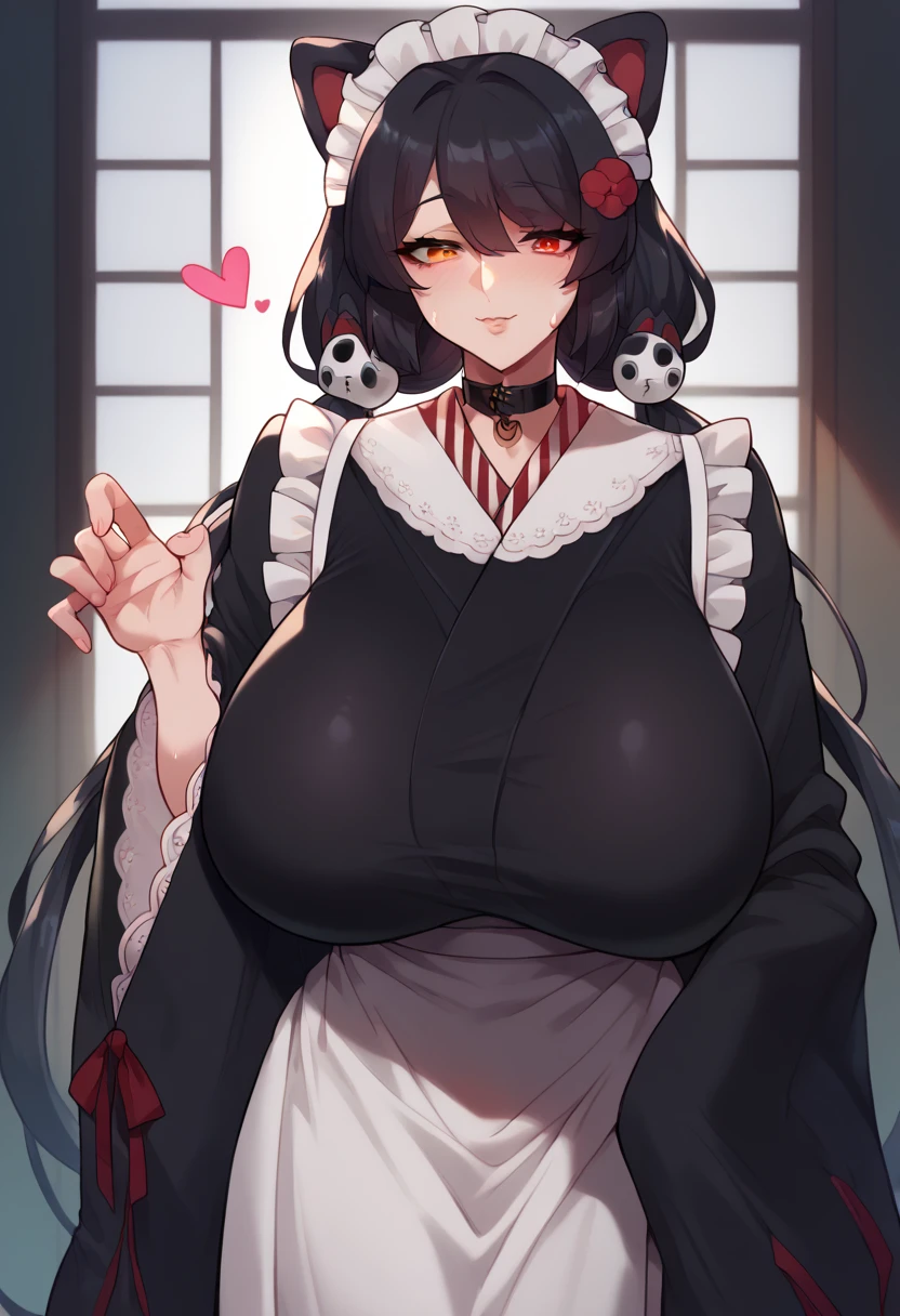 Hyper realistic, it1, flower, twintails, low twintails, very long hair, dog girl、 girl standing 、
choker, maid headdress, black kimono, wide sleeves, frills, Heart, white apron, sleeves past wrists, skirt, red skirt, perfect face, perfect lighting,, sexy female, huge breasts, sweat, hanging breasts,、The chest part of clothes that looks like it's going to break
、 behind a large school building、grabs breasts