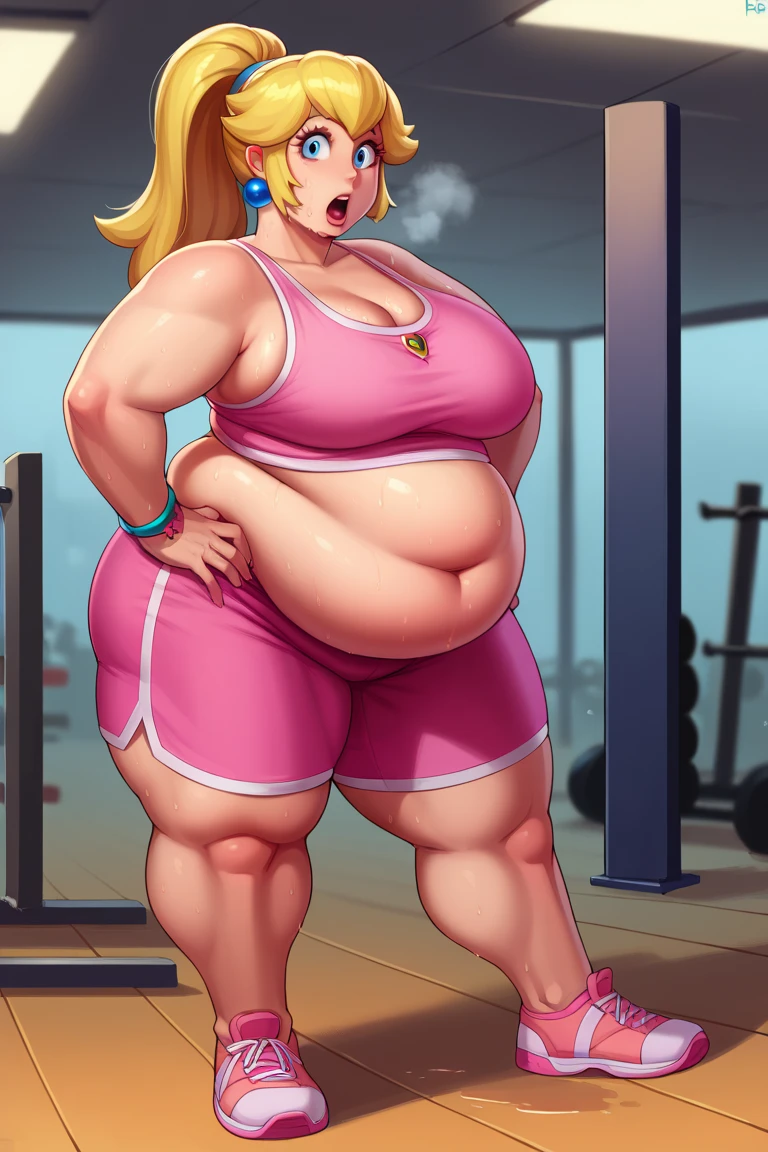 score_9, score_8_up, score_7_up, BREAK, 1girl, solo, princess peach, 1girl, solo, , blonde hair, ponytail, jewelry, bracelet, makeup, casual, cowboy shot, blue eyes, looking at the viewer, large breasts, hands on hips, pink tanktop, sweaty, pink shorts, sweating profusely, open mouth, exhausted, heavy breathing, puddle of sweat on the ground, steam coming out her mouth, gym, indoors, she wears pink shoes, thick, obese, soft belly, chubby, wide hips, sexy hips, full body, big belly, thicc thighs, chubby arms
