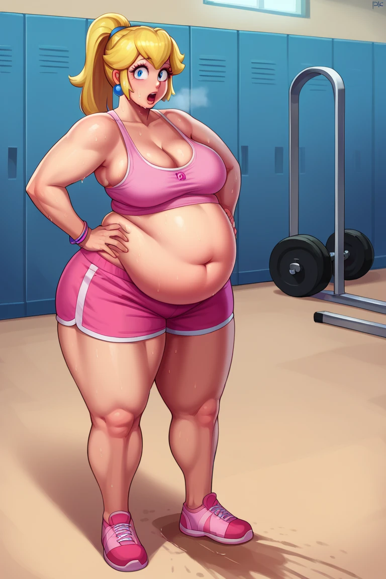 score_9, score_8_up, score_7_up, BREAK, 1girl, solo, princess peach, 1girl, solo, , blonde hair, ponytail, jewelry, bracelet, makeup, casual, cowboy shot, blue eyes, looking at the viewer, large breasts, hands on hips, pink tanktop, sweaty, pink shorts, sweating profusely, open mouth, exhausted, heavy breathing, puddle of sweat on the ground, steam coming out her mouth, gym, indoors, she wears pink shoes, thick, obese, soft belly, chubby, wide hips, sexy hips, full body, big belly, thicc thighs, chubby arms
