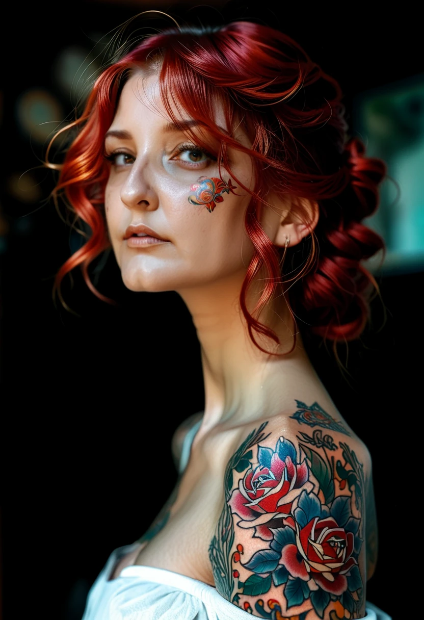 Style sticker, sticker with white edges, beautiful shiny sticker, beautiful, Tattoo vibes: I carry my passion stamped on my skin. Imagine a scene of a beautiful young woman,  25 years old , red hair with light highlights, with a tattoo on the skin, Bright color, isometric background, blurred background of a tattoo studio,  artstation trend , 8k, Resolution qlta masterpiece, realistic photograph, by Alphonse Mucha, por WLOP,  