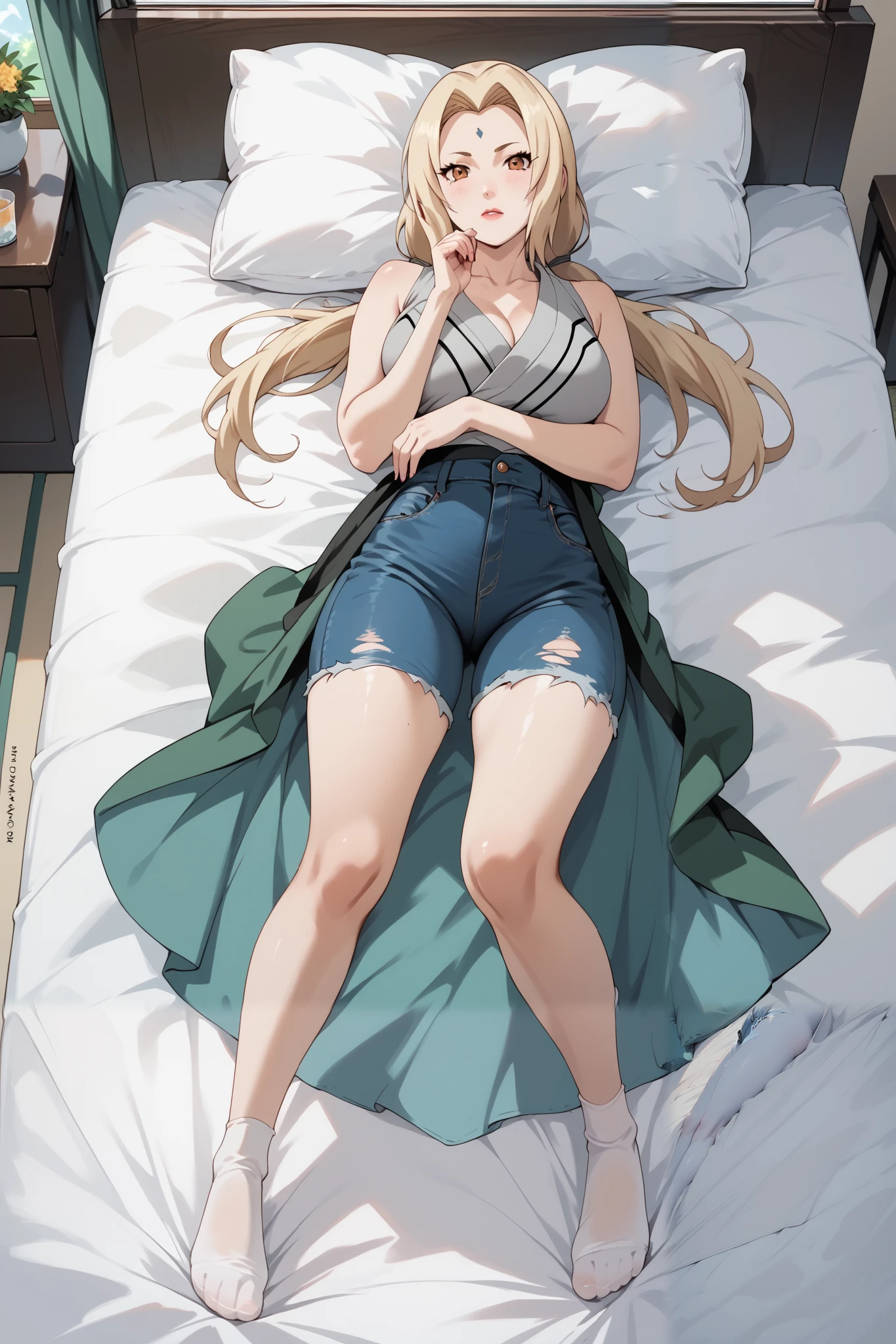 Masterpiece,4k, extremely detailed,solo,1girl,tsunade,((full body)),slim body,large breasts,beauty legs,grey kimono,white sock,sleeveless,blue ripped jeans,lying on the bed